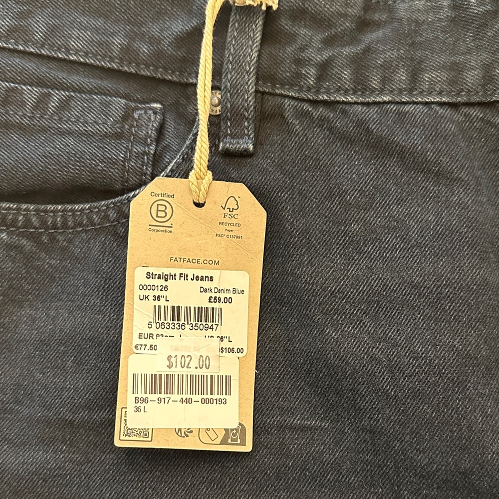 NWT FATFACE 36L Men's Dark Navy Blue Straight-Leg Jeans - Picture 4 of 10